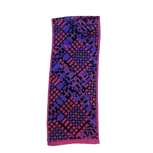 Vintage 80s Silk Scarf Retro Geometric Print Pink Purple Oblong Luxury 10x52 - Picture 2 of 5